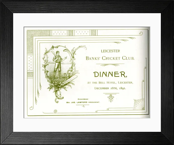 Framed Print : Ticket, Banks Cricket Club Dinner, Bell Hotel, Leicester Framed Print : Ticket, Banks Cricket Club Dinner, Bell Hotel, Leicester