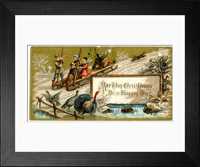Framed Print : Christmas card, children on a sleigh in the snow Framed Print : Christmas card, children on a sleigh in the snow
