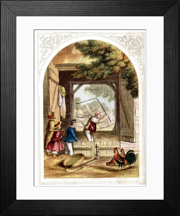 Framed Print : Farmer winnowing grain while children watch Framed Print : Farmer winnowing grain while children watch