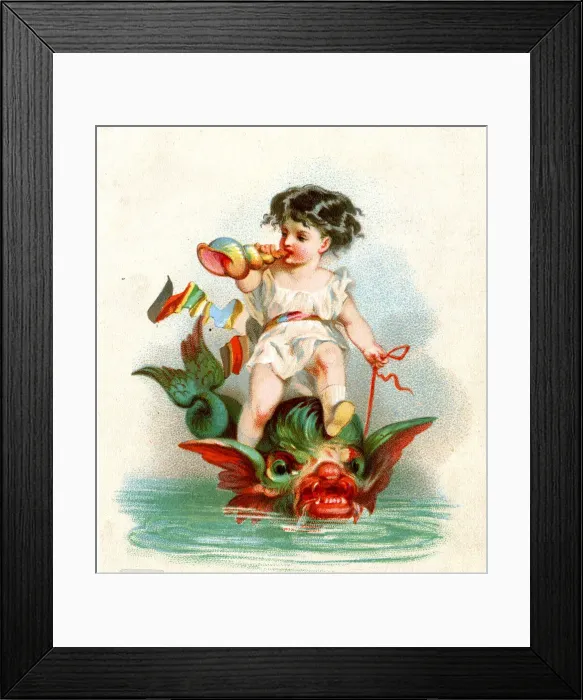 Framed Print : Child blowing a shell, riding on the head of a sea monster Framed Print : Child blowing a shell, riding on the head of a sea monster