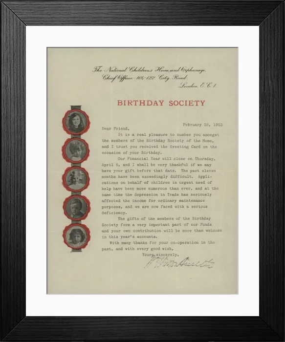 Framed Print : National Childrens Home Birthday Society Letter Framed Print : National Childrens Home Birthday Society Letter