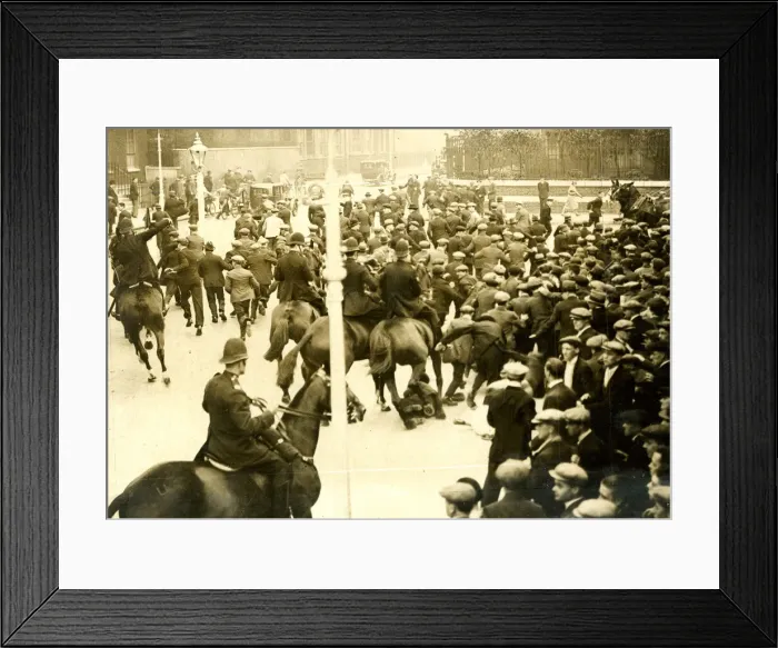Framed Print : Mounted police and unemployed demonstrators, London Framed Print : Mounted police and unemployed demonstrators, London