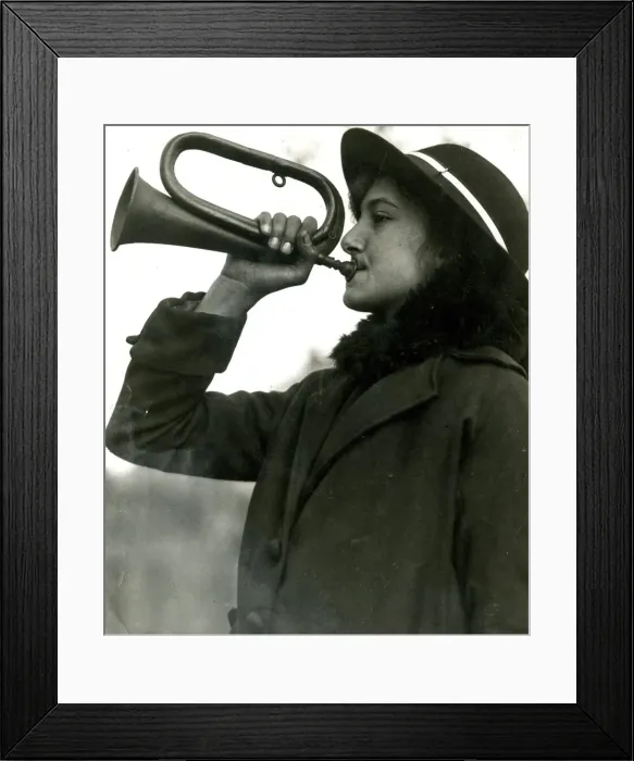 Framed Print : Bugler blowing All Clear after Zeppelin air raid, WW1 Framed Print : Bugler blowing All Clear after Zeppelin air raid, WW1