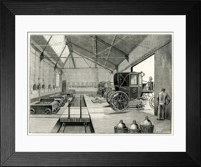 Framed Print : Electric cab charging depot, Rue Cardinet, Paris, France