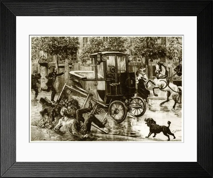 Framed Print : Electric cab causing consternation in a Paris street 1899 Framed Print : Electric cab causing consternation in a Paris street 1899