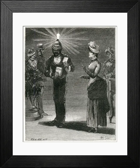 Framed Print : Man wearing Edisons electric lamp on his head, Philadelphia Framed Print : Man wearing Edisons electric lamp on his head, Philadelphia