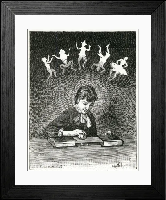 Framed Print : Woman making puppets dance using electricity 1885 Framed Print : Woman making puppets dance using electricity 1885