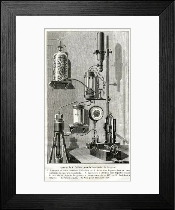 Framed Print : Cailletets apparatus for the liquefaction of oxygen Framed Print : Cailletets apparatus for the liquefaction of oxygen
