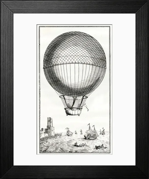 Framed Print : Blanchard and Jeffries crossing the Channel in a balloon Framed Print : Blanchard and Jeffries crossing the Channel in a balloon