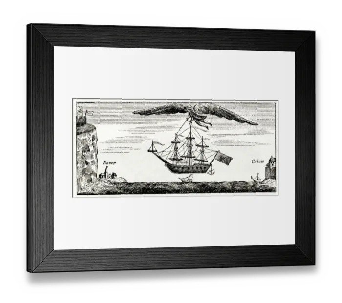 Framed Print : Satirical cartoon, Blanchard flying across the Channel Framed Print : Satirical cartoon, Blanchard flying across the Channel
