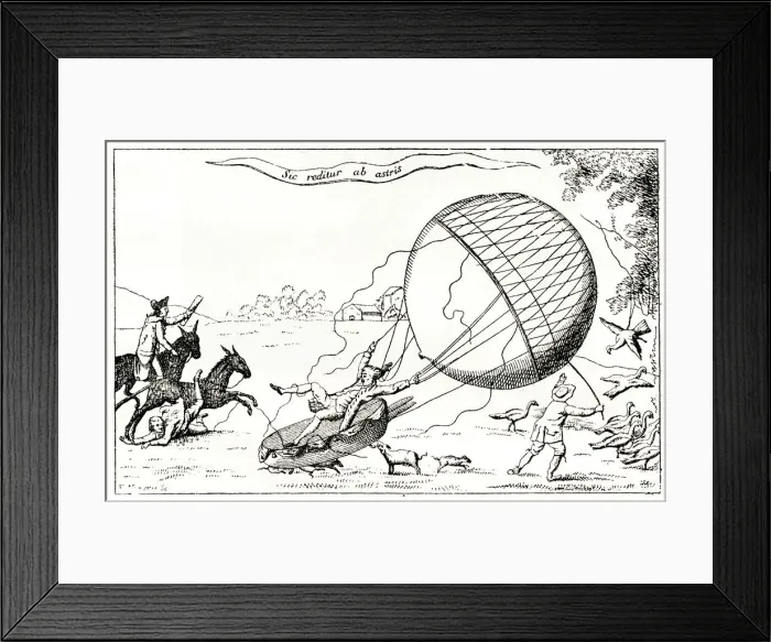 Framed Print : Satirical cartoon, Blanchard landing in a field Framed Print : Satirical cartoon, Blanchard landing in a field
