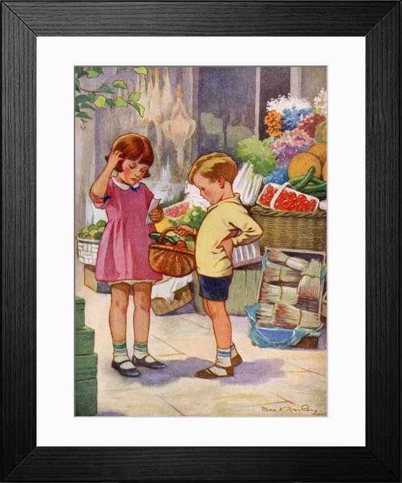 Framed Print : Shopping. Two children pause during a shopping trip to survey their list Framed Print : Shopping. Two children pause during a shopping trip to survey their list
