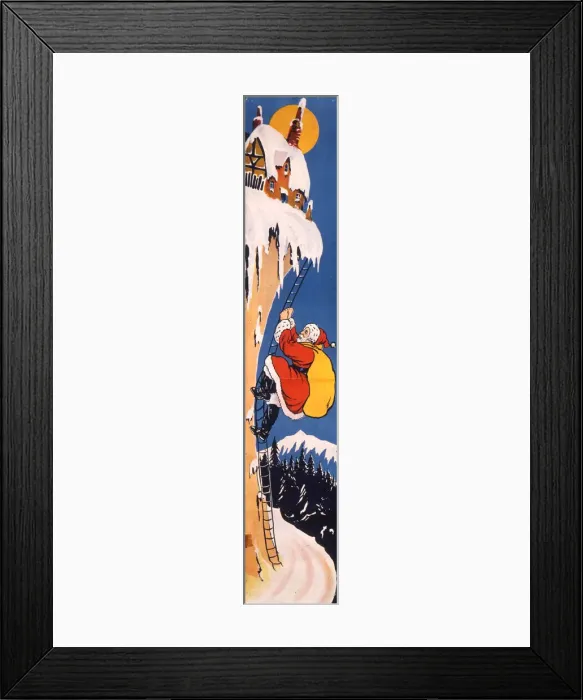 Framed Print : Father Christmas climbing a ladder in the snow Framed Print : Father Christmas climbing a ladder in the snow