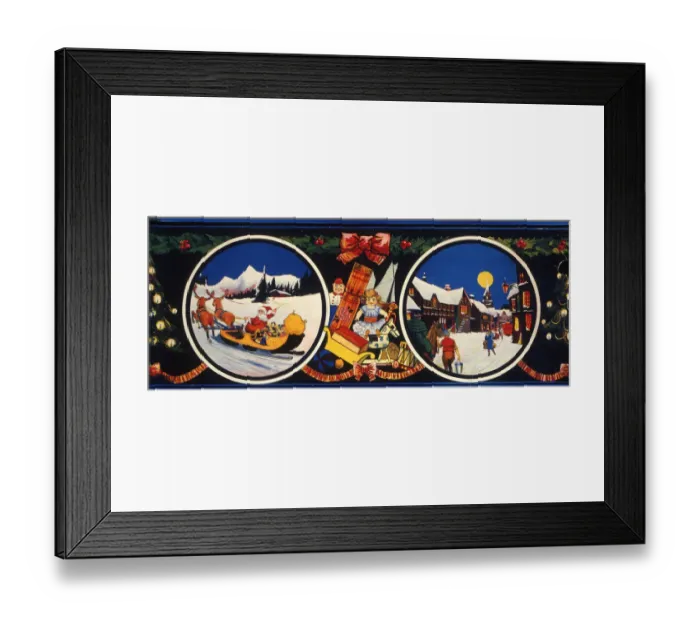Framed Print : Father Christmas on sleigh, village in the snow Framed Print : Father Christmas on sleigh, village in the snow