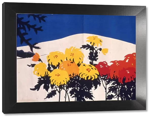 Snow scene with red and yellow flowers