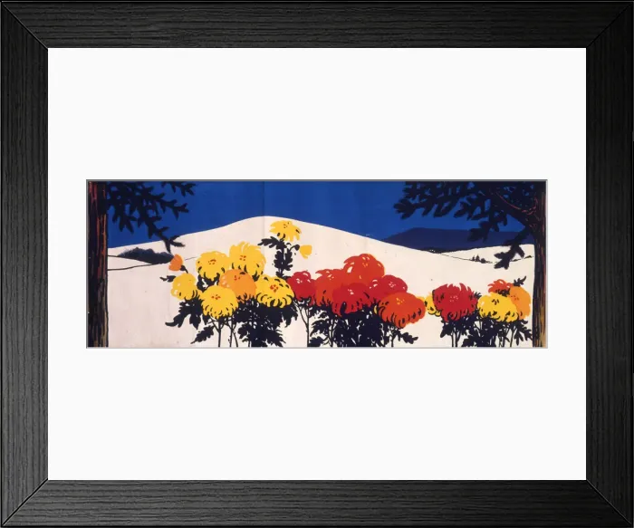 Framed Print : Snow scene with red and yellow flowers Framed Print : Snow scene with red and yellow flowers