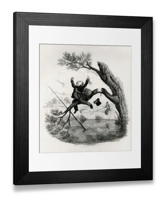 Framed Print : Illustration, Fisherman about to fall into the water Framed Print : Illustration, Fisherman about to fall into the water