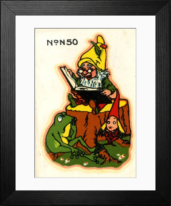 Framed Print : Babys cot transfer, Gnome reading a book Framed Print : Babys cot transfer, Gnome reading a book