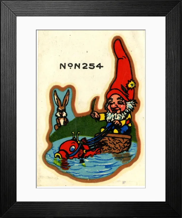 Framed Print : Babys cot transfer, Gnome riding in walnut shell Framed Print : Babys cot transfer, Gnome riding in walnut shell