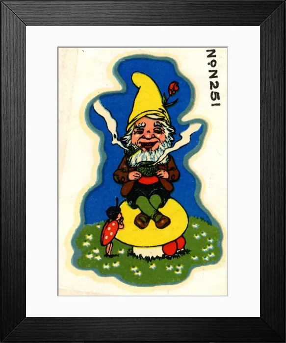 Framed Print : Babys cot transfer, Gnome sitting on a toadstool Framed Print : Babys cot transfer, Gnome sitting on a toadstool