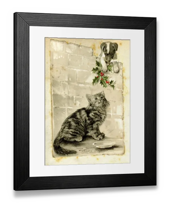 Framed Print : Christmas card, cat and puppy with holly Framed Print : Christmas card, cat and puppy with holly