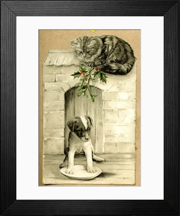 Framed Print : Christmas card, puppy and cat with mistletoe and holly Framed Print : Christmas card, puppy and cat with mistletoe and holly