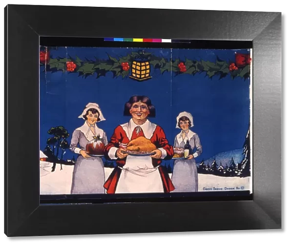 Christmas frieze, servants with Christmas dinner in snow