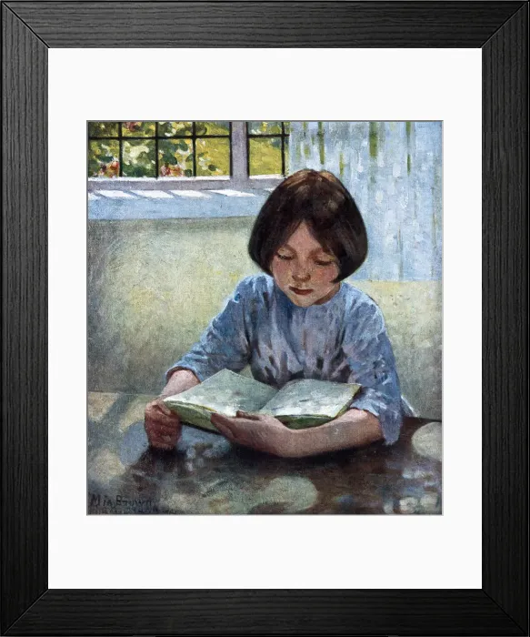 Framed Print : The Lesson, seated girl reading a book