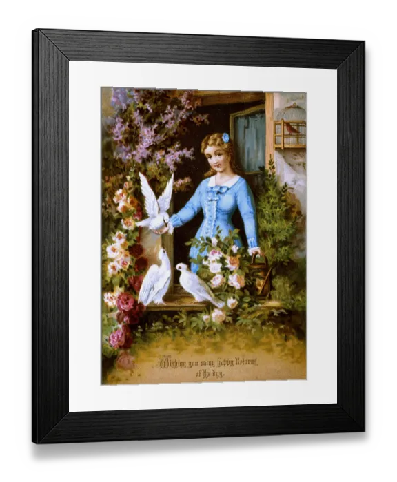 Framed Print : Victorian silk birthday card, Girl and Doves Framed Print : Victorian silk birthday card, Girl and Doves
