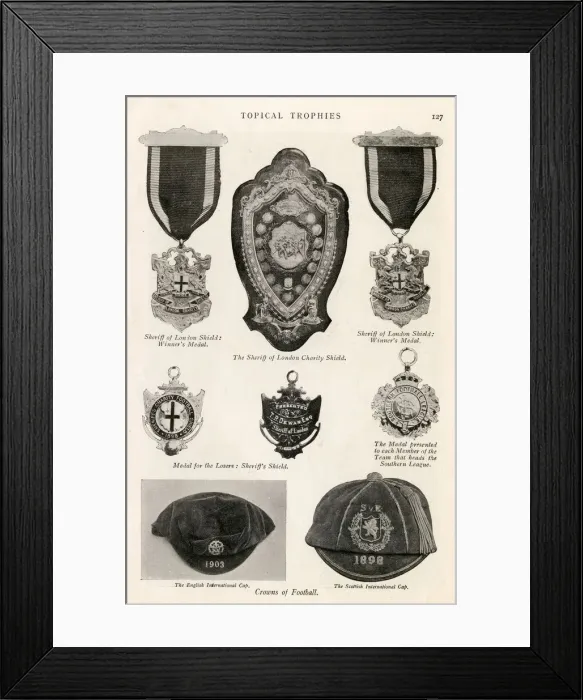 Framed Print : Football trophies, medals and caps Framed Print : Football trophies, medals and caps