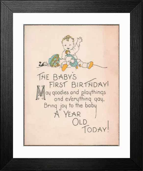 Framed Print : Babys First Birthday - Waving and playing with a doll