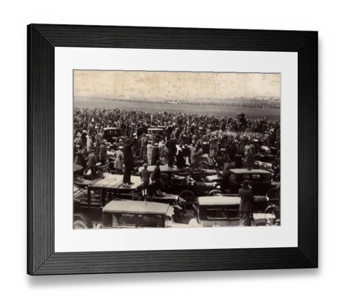 Framed Print : People standing on car roofs to see a plane landing Framed Print : People standing on car roofs to see a plane landing