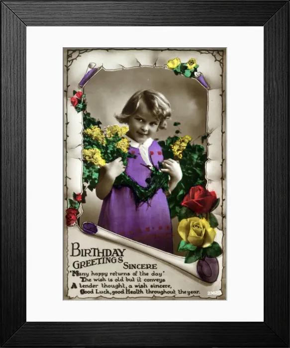 Framed Print : Birthday Greetings Card - hand-coloured Framed Print : Birthday Greetings Card - hand-coloured
