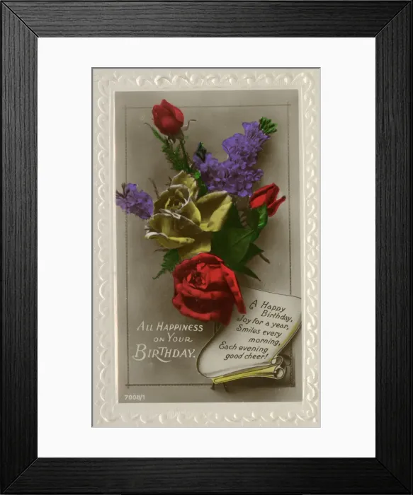 Framed Print : Hand-coloured floral Birthday Greetings postcard Framed Print : Hand-coloured floral Birthday Greetings postcard