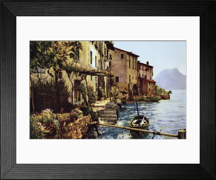 Framed Print : Lakeside scene with cottages, Italian-Swiss region Framed Print : Lakeside scene with cottages, Italian-Swiss region