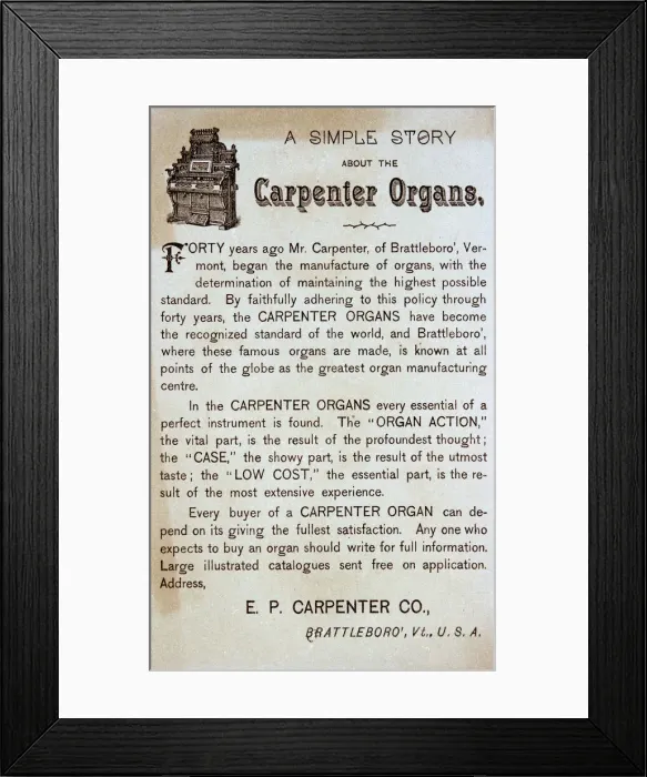 Framed Print : Advert, Carpenter Organs, Brattleboro, Vermont, USA Framed Print : Advert, Carpenter Organs, Brattleboro, Vermont, USA