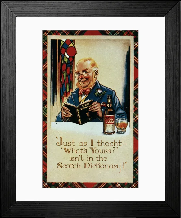 Framed Print : Comic postcard, Scotsman with whisky and Scots dictionary Framed Print : Comic postcard, Scotsman with whisky and Scots dictionary