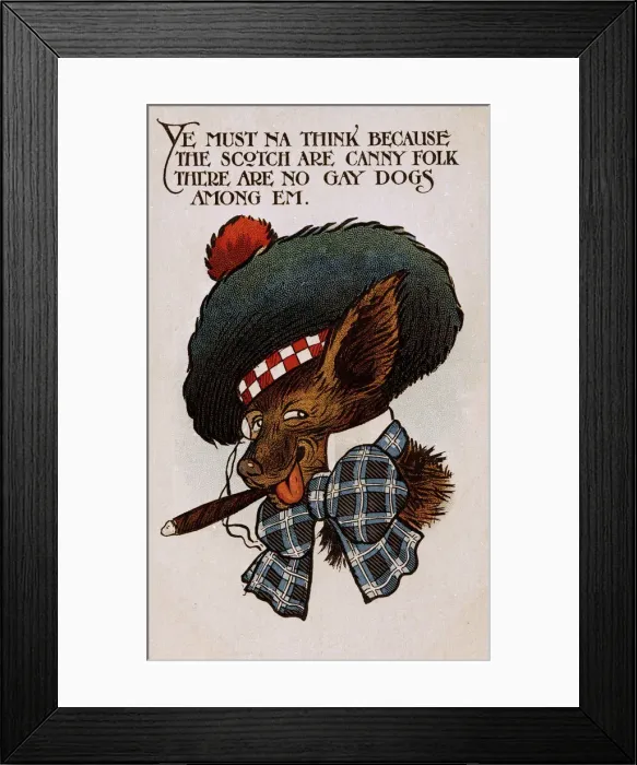 Framed Print : Comic postcard, dog in Scottish costume Framed Print : Comic postcard, dog in Scottish costume