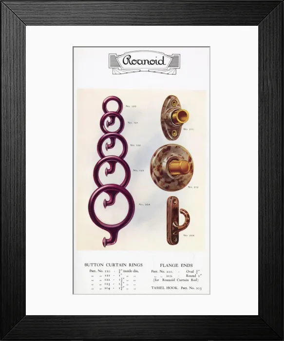 Framed Print : Roanoid bakelite curtain rings, flange ends and tassel hook Framed Print : Roanoid bakelite curtain rings, flange ends and tassel hook