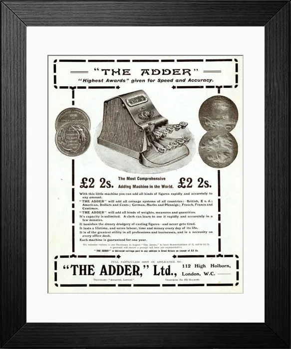 Framed Print : Advert for The Adder Adding Machine Framed Print : Advert for The Adder Adding Machine
