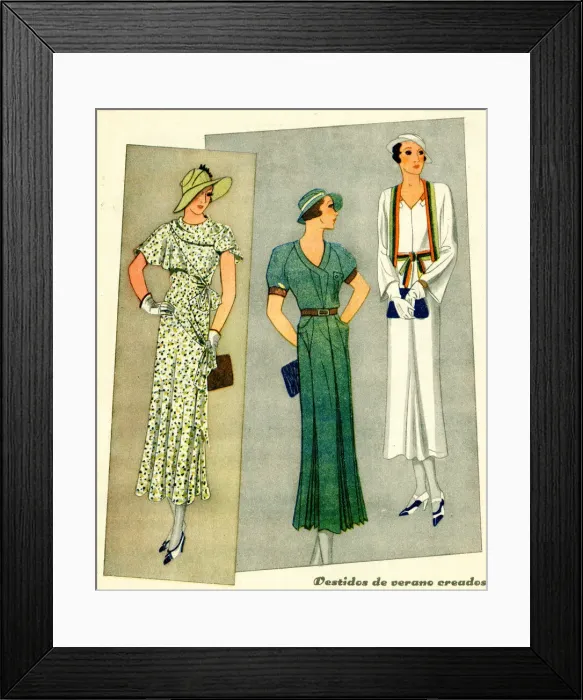 Framed Print : Womens fashions from Paris, three summer dresses Framed Print : Womens fashions from Paris, three summer dresses