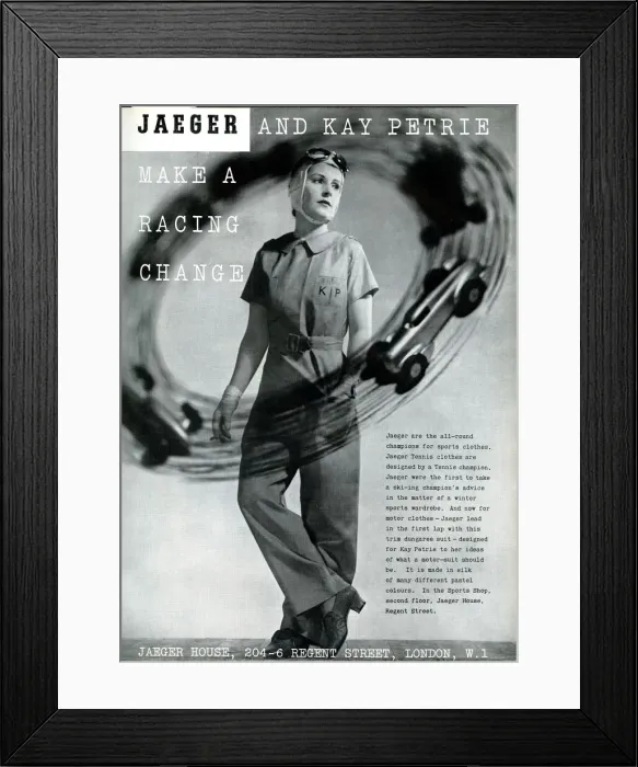Framed Print : Advert for Jaeger, Kay Petrie, Motor Racing Driver Framed Print : Advert for Jaeger, Kay Petrie, Motor Racing Driver
