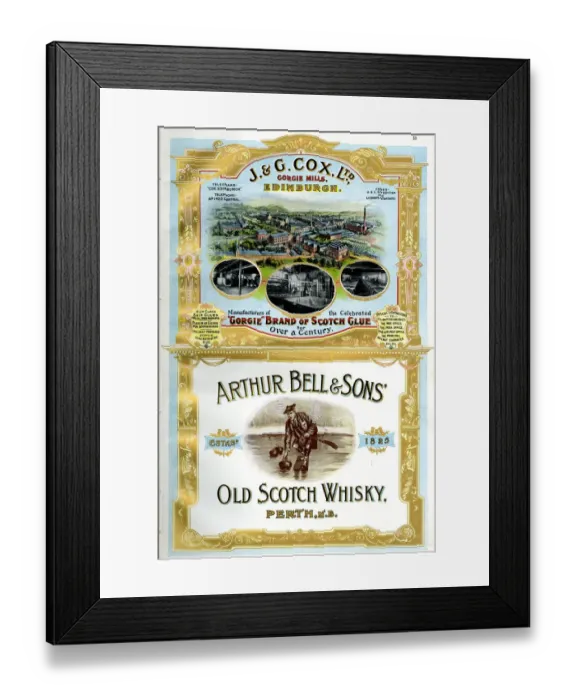Framed Print : Adverts, J & G Cox Ltd, Arthur Bell & Sons, Scotland Framed Print : Adverts, J & G Cox Ltd, Arthur Bell & Sons, Scotland