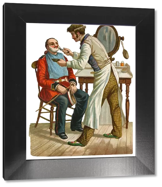 Victorian scrap, Barber shaving a soldier
