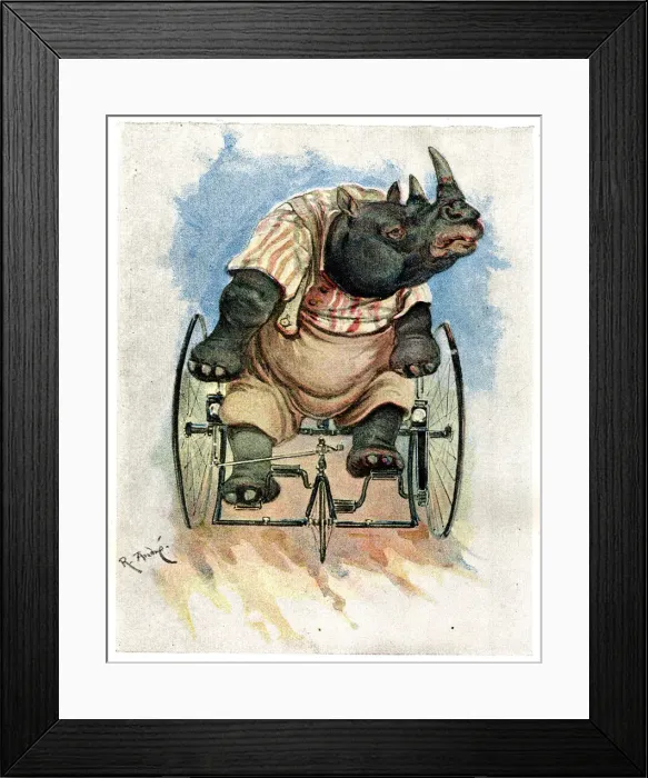 Framed Print : Zoo Animals Up To Date on Cycles, Rhinoceros on Velocipede Framed Print : Zoo Animals Up To Date on Cycles, Rhinoceros on Velocipede