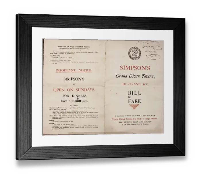 Framed Print : Menu, Simpsons Grand Divan Tavern, Strand, London Framed Print : Menu, Simpsons Grand Divan Tavern, Strand, London