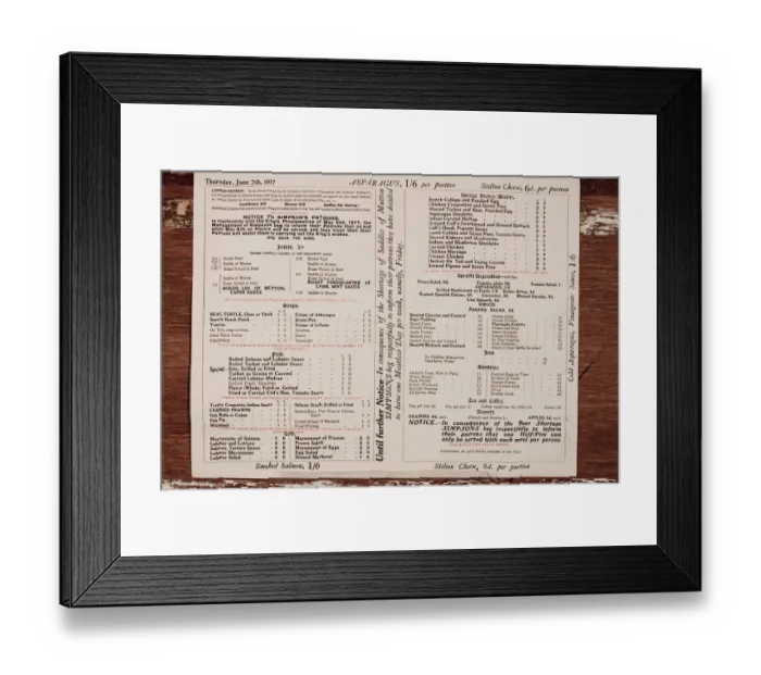 Framed Print : Menu, Simpsons Grand Divan Tavern, Strand, London Framed Print : Menu, Simpsons Grand Divan Tavern, Strand, London