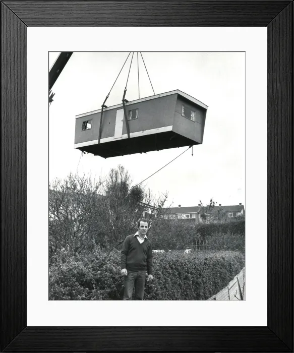 Framed Print : Prefabricated unit delivered to a garden by crane Framed Print : Prefabricated unit delivered to a garden by crane