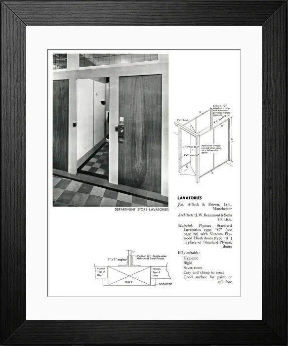 Framed Print : Lavatories in a department store, using Plymax plywood Framed Print : Lavatories in a department store, using Plymax plywood