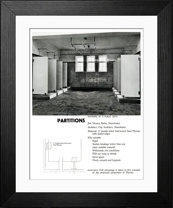 Framed Print : Shower partitions at public baths, Moston, Manchester Framed Print : Shower partitions at public baths, Moston, Manchester